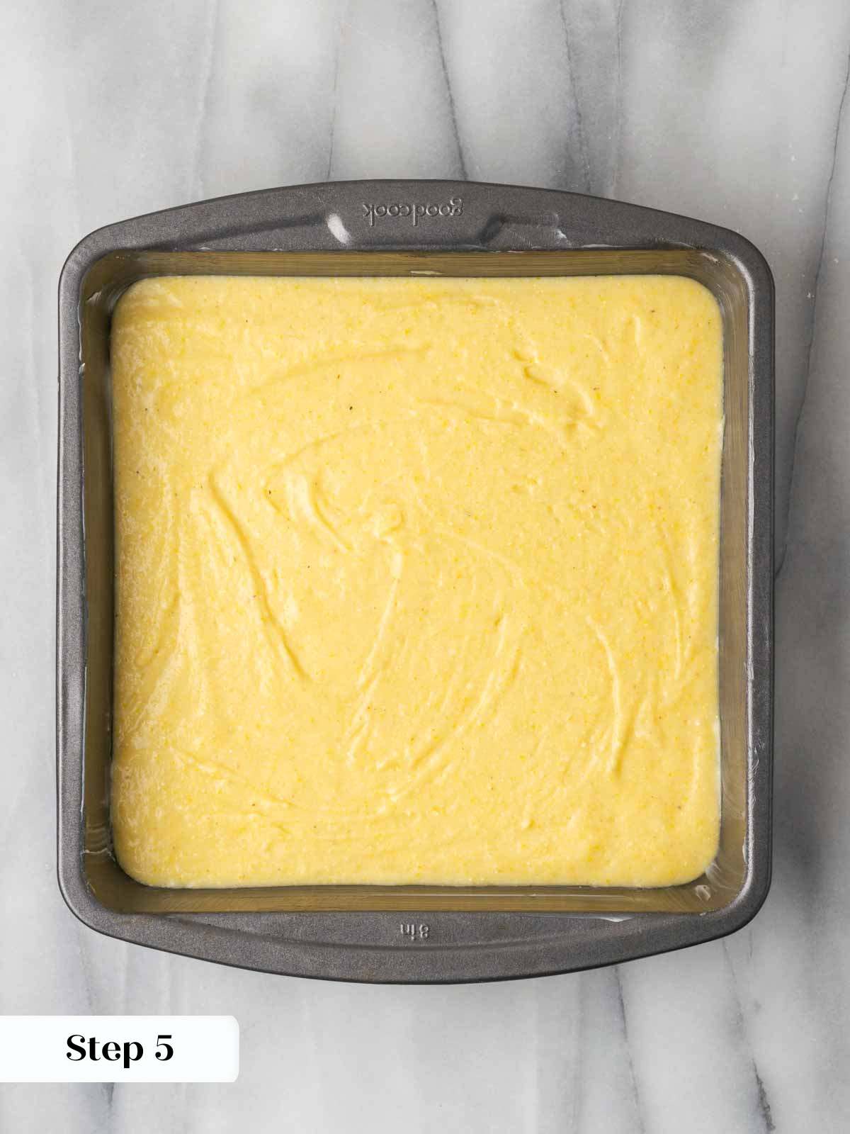 smooth cornbread batter in pan.