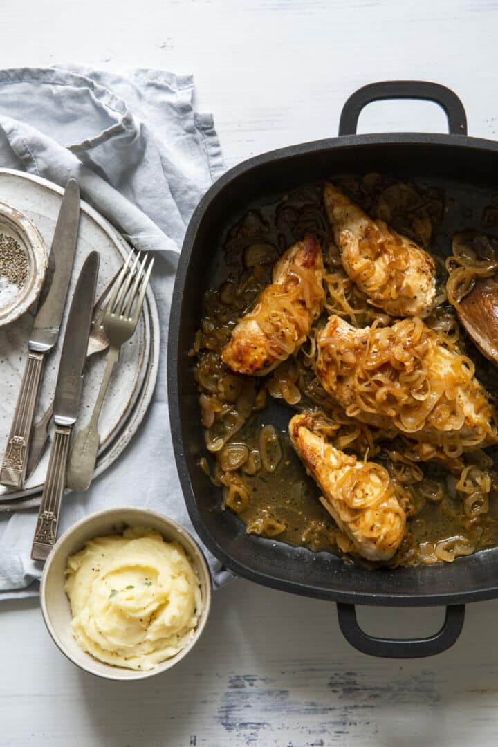 Baked Chicken and Shallots in Cast Iron Skillet with Mashed Potatoes