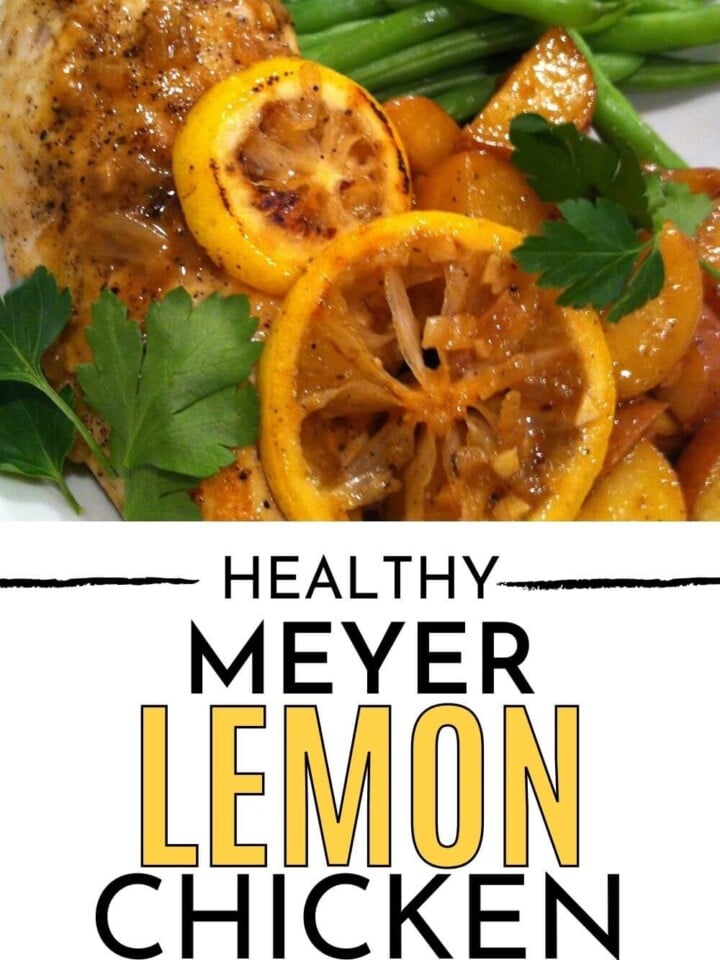 Meyer lemon chicken cooked with lemon slices.