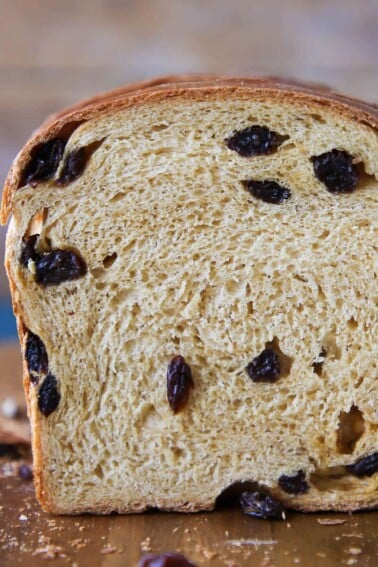 Old Fashioned Raisin Bread sliced front closeup