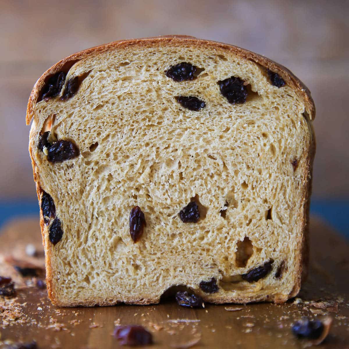 Old Fashioned Raisin Bread sliced front closeup