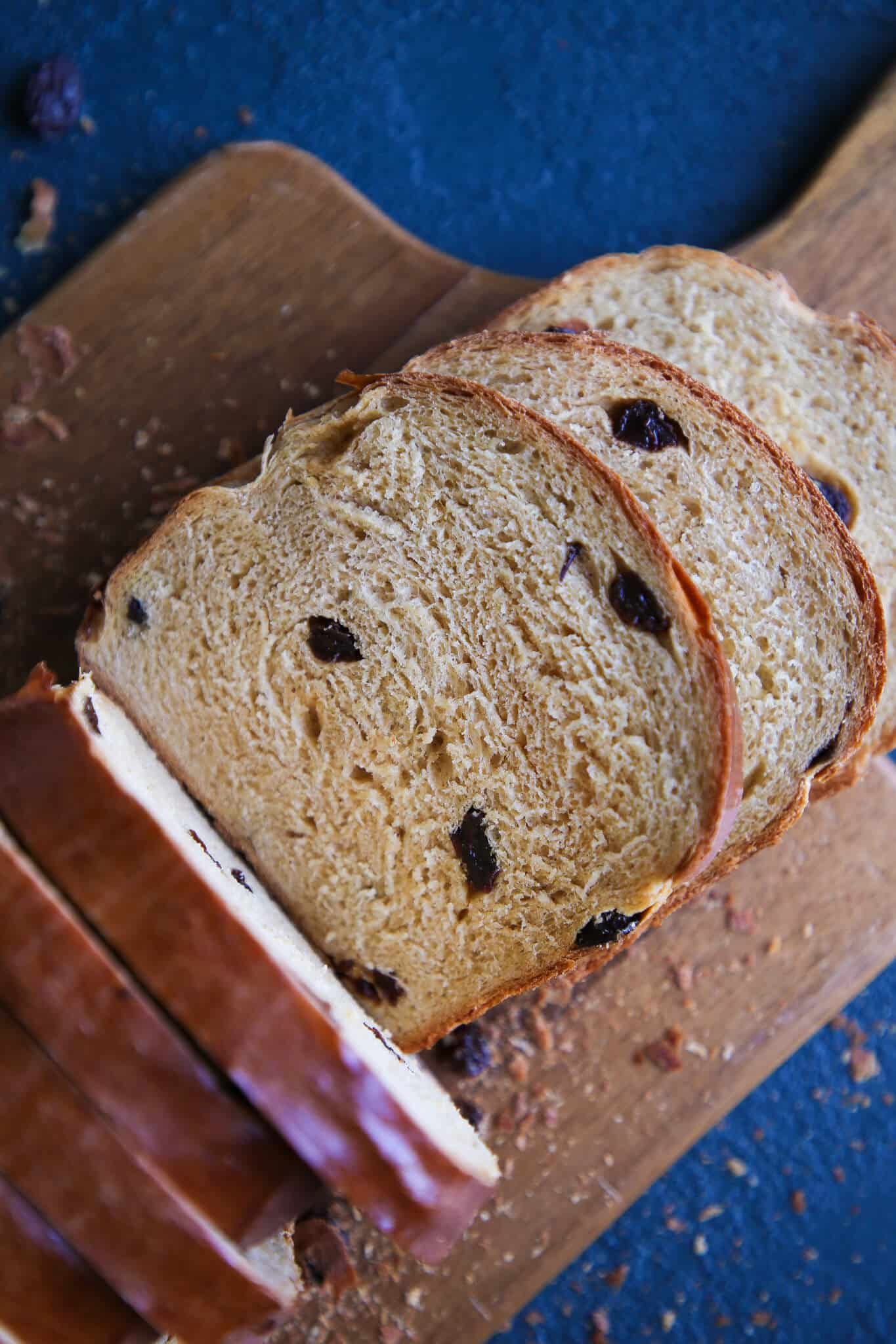 Old Fashioned Raisin Bread Loaf sliced from top