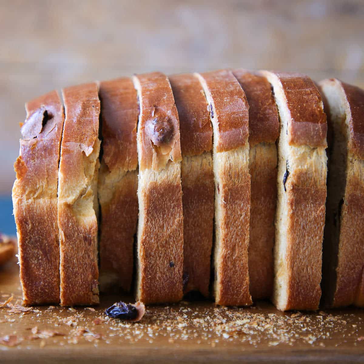 Old Fashioned Raisin Bread Loaf sliced side view