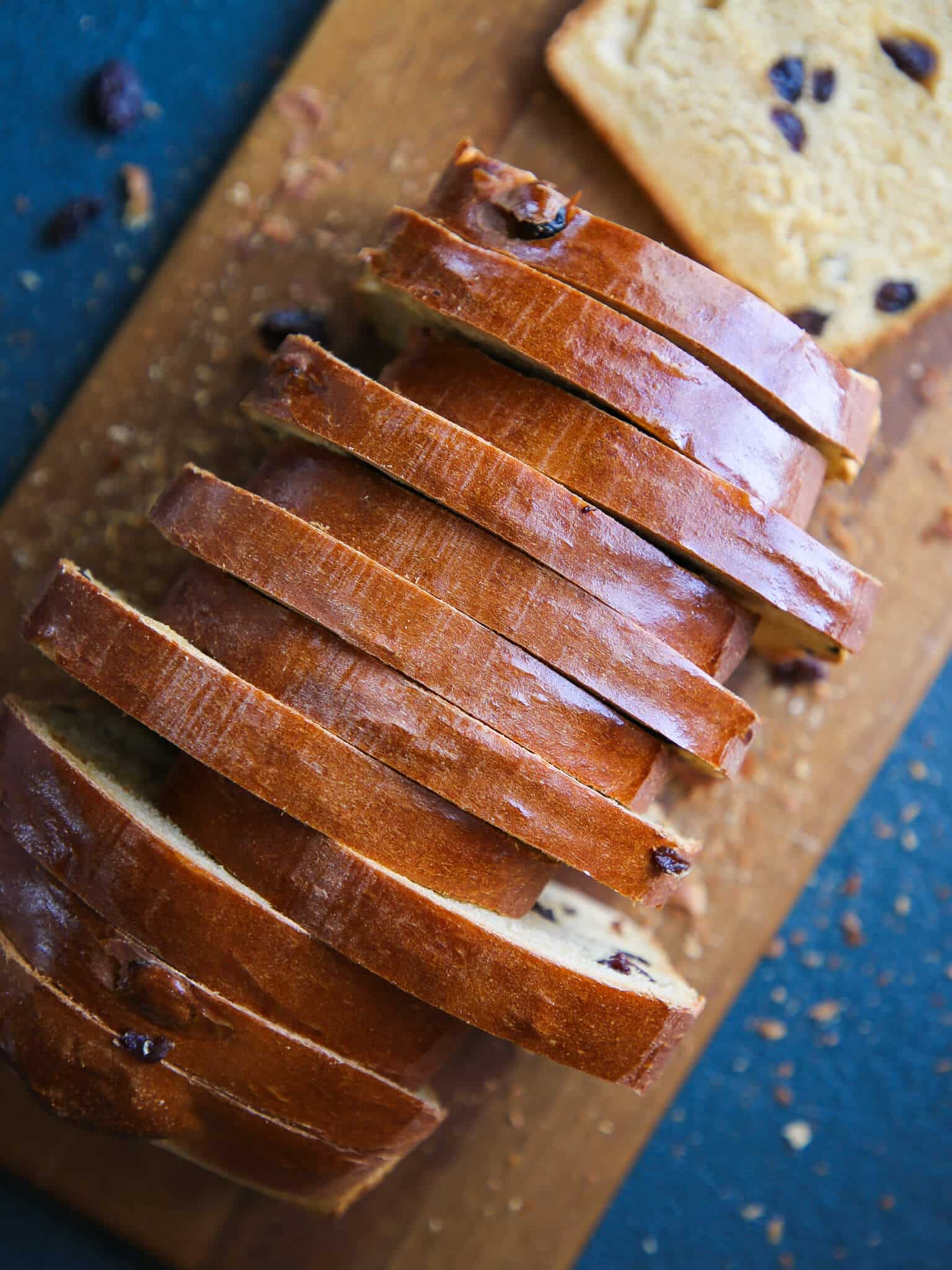 Old Fashioned Raisin Bread Loaf thinly sliced top view