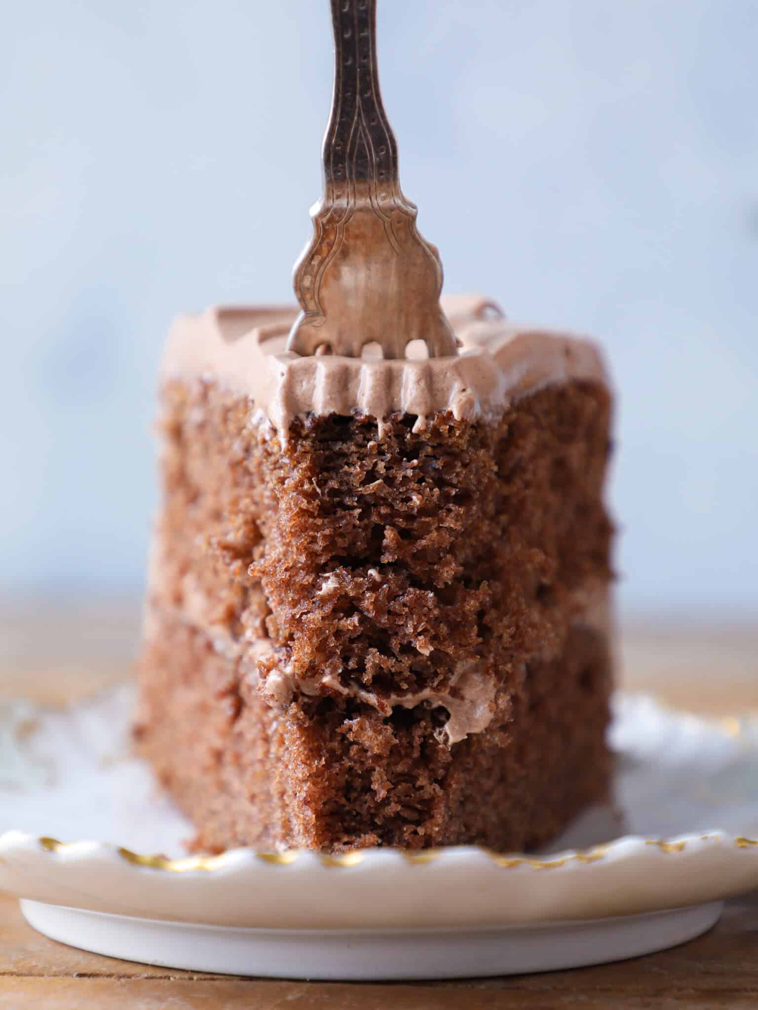 Old Fashioned Chocolate Fudge Cake slice with piece on fork.