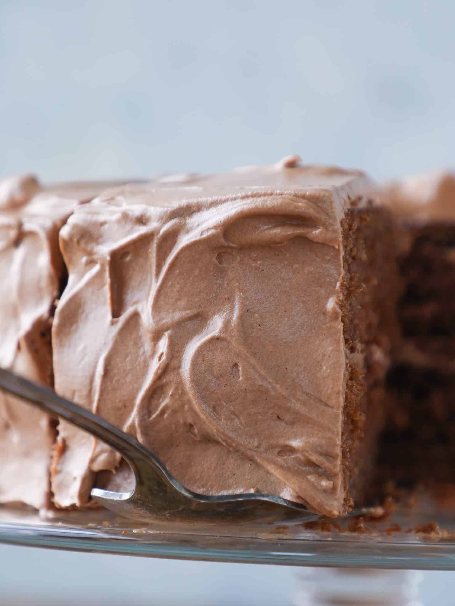 Old Fashioned Chocolate Fudge Cake slice from back
