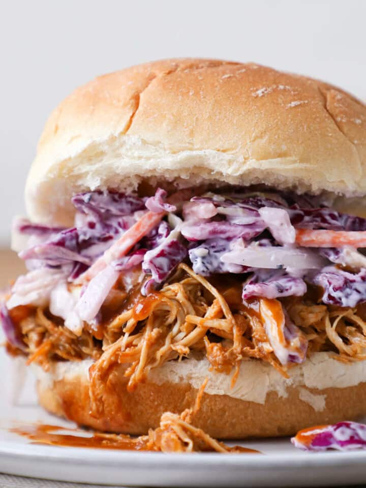 Slow cooker barbecue pulled chicken sandwich with cole slaw