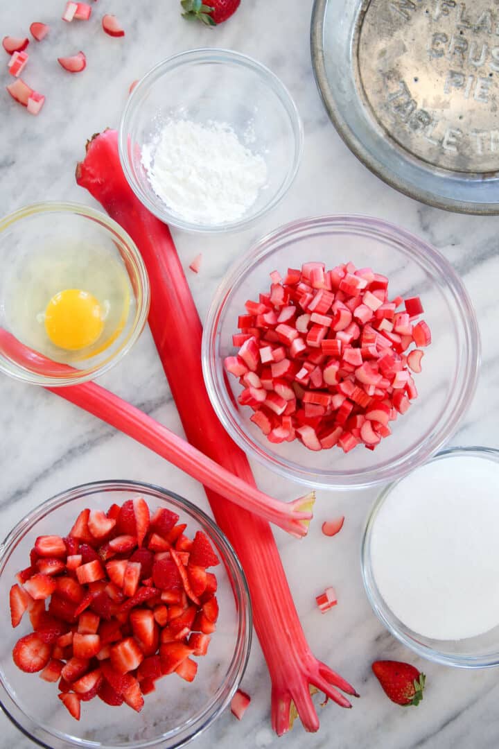 Strawberry Rhubarb Pie ingredients ready to mix