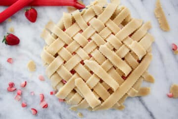 Strawberry rhubarb pie with almond lattice crust.