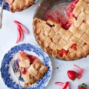 Strawberry Rhubarb Pie in almond lattice crust featured