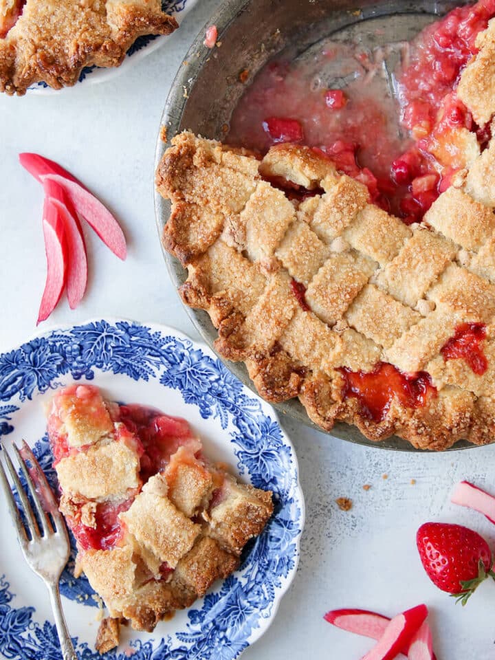 Strawberry Rhubarb Pie in almond lattice crust featured