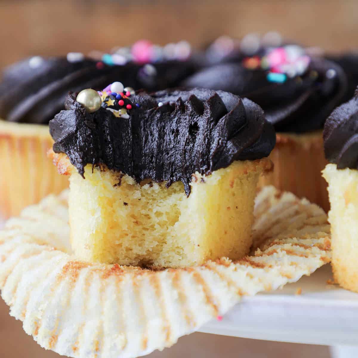 Yellow Cupcakes with Chocolate frosting interior texture