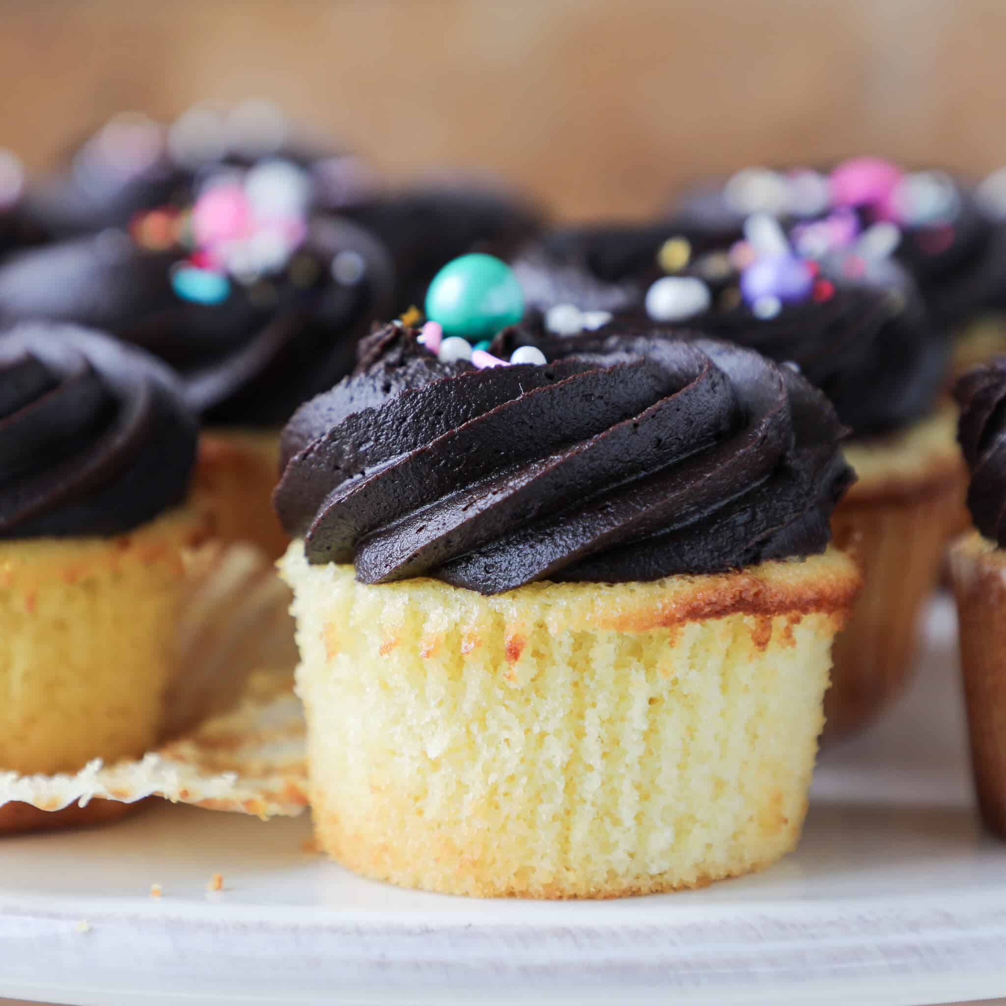 Yellow Cupcakes with Chocolate frosting liner removed