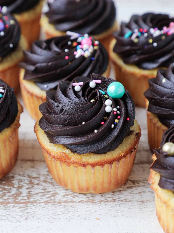 Yellow Cupcakes with Chocolate frosting multi colored sprinkles