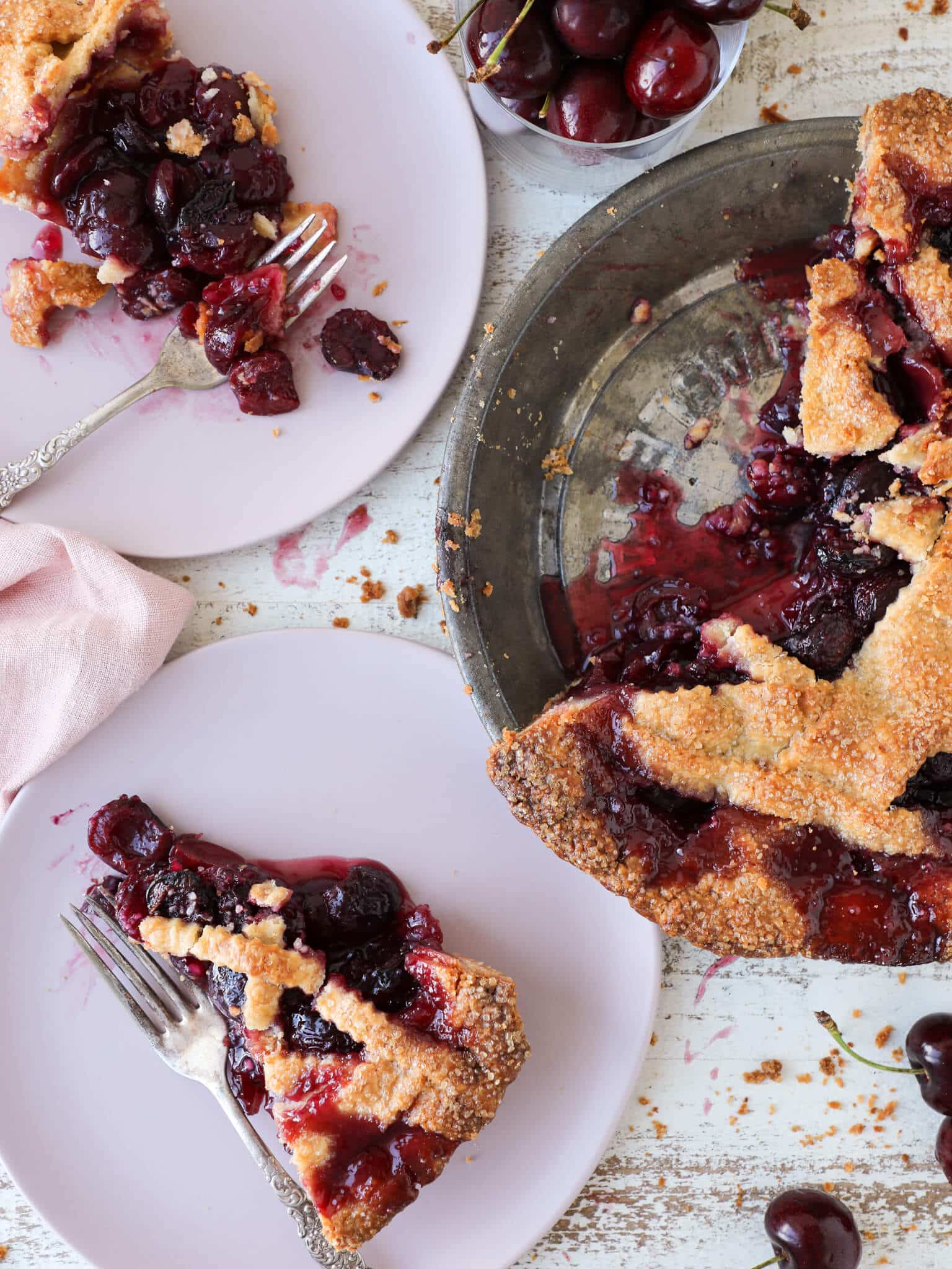 Cherry Pie sliced in a vintage pie tin.