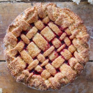 cherry pie latticed unsliced.