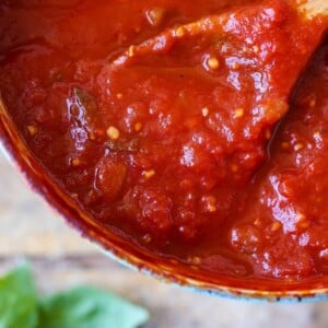 Homemade Tomato Pasta Sauce on wooden spoon
