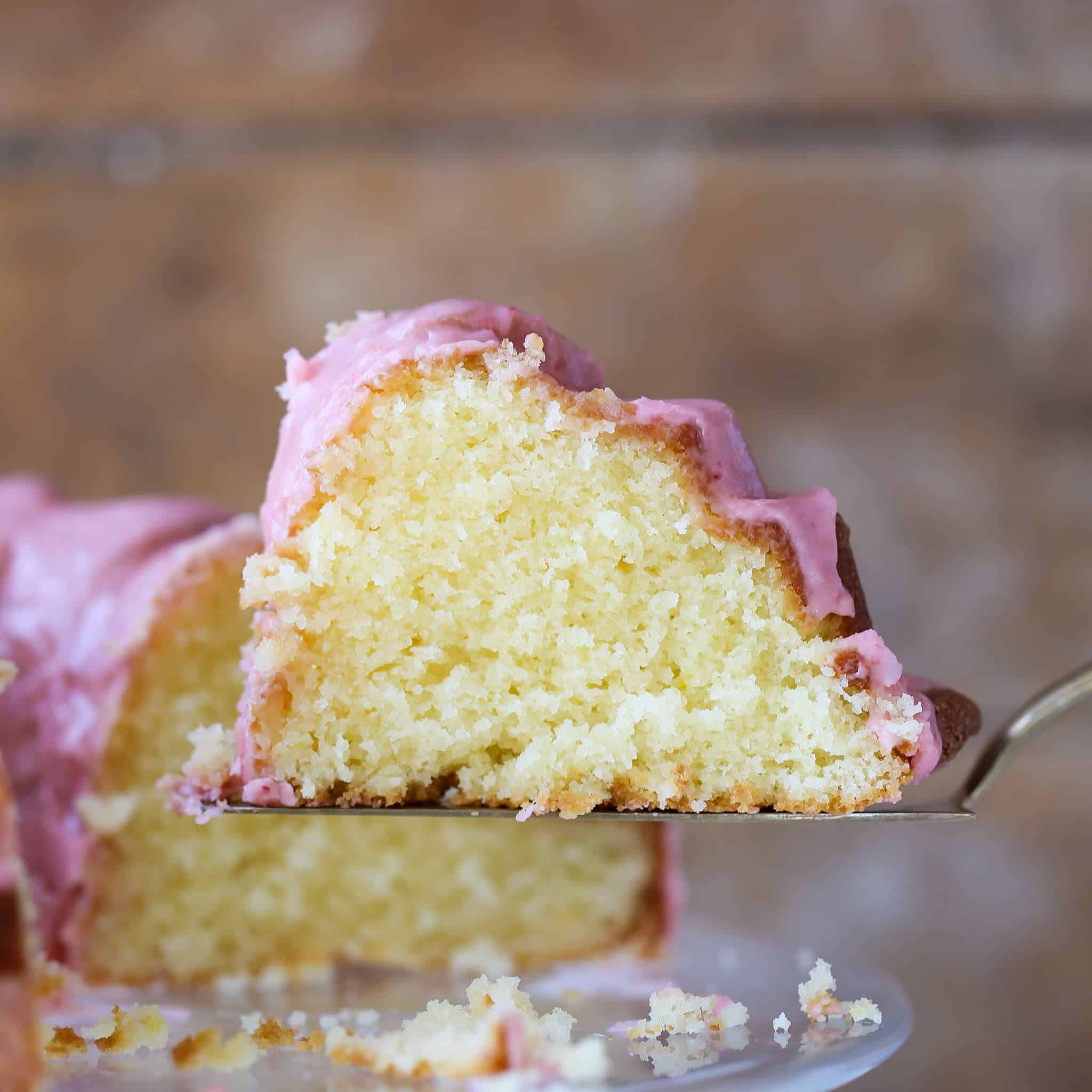 Lemon Pound Cake Strawberry Icing slice from side.