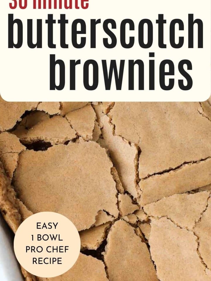 butterscotch brownies sliced in pan with text overlay.