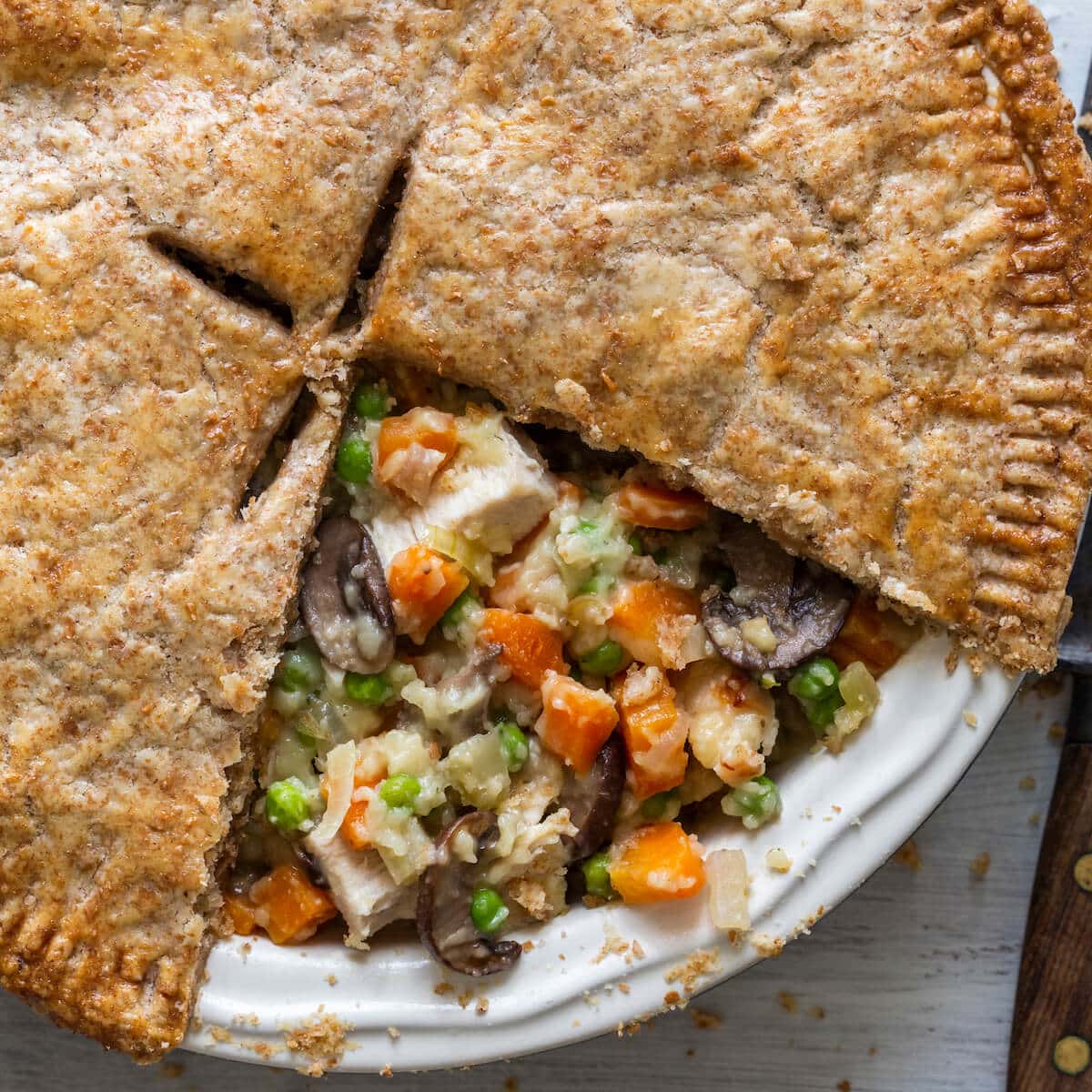 Chicken Pot Pie in Whole Wheat Crust baked close up