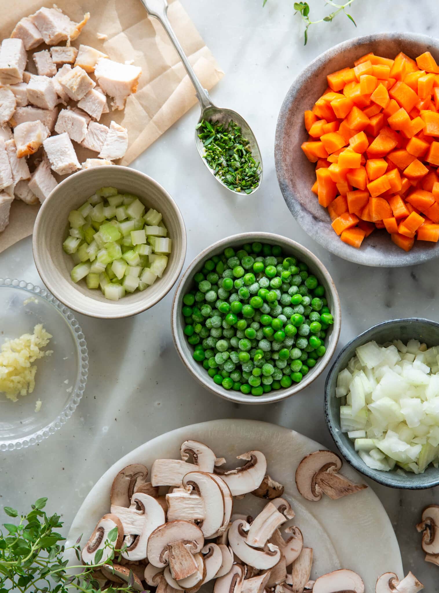 Chicken Pot Pie in Whole Wheat Crust ingredients prepped