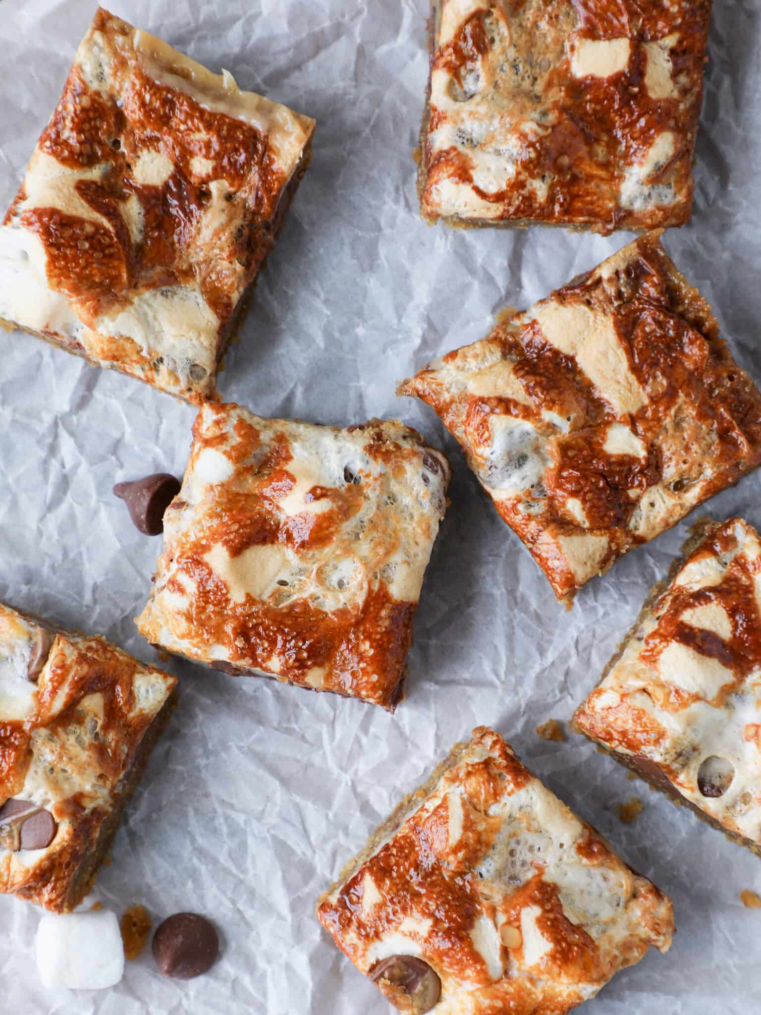 Ooey Gooey Smores Bars sliced on parchment