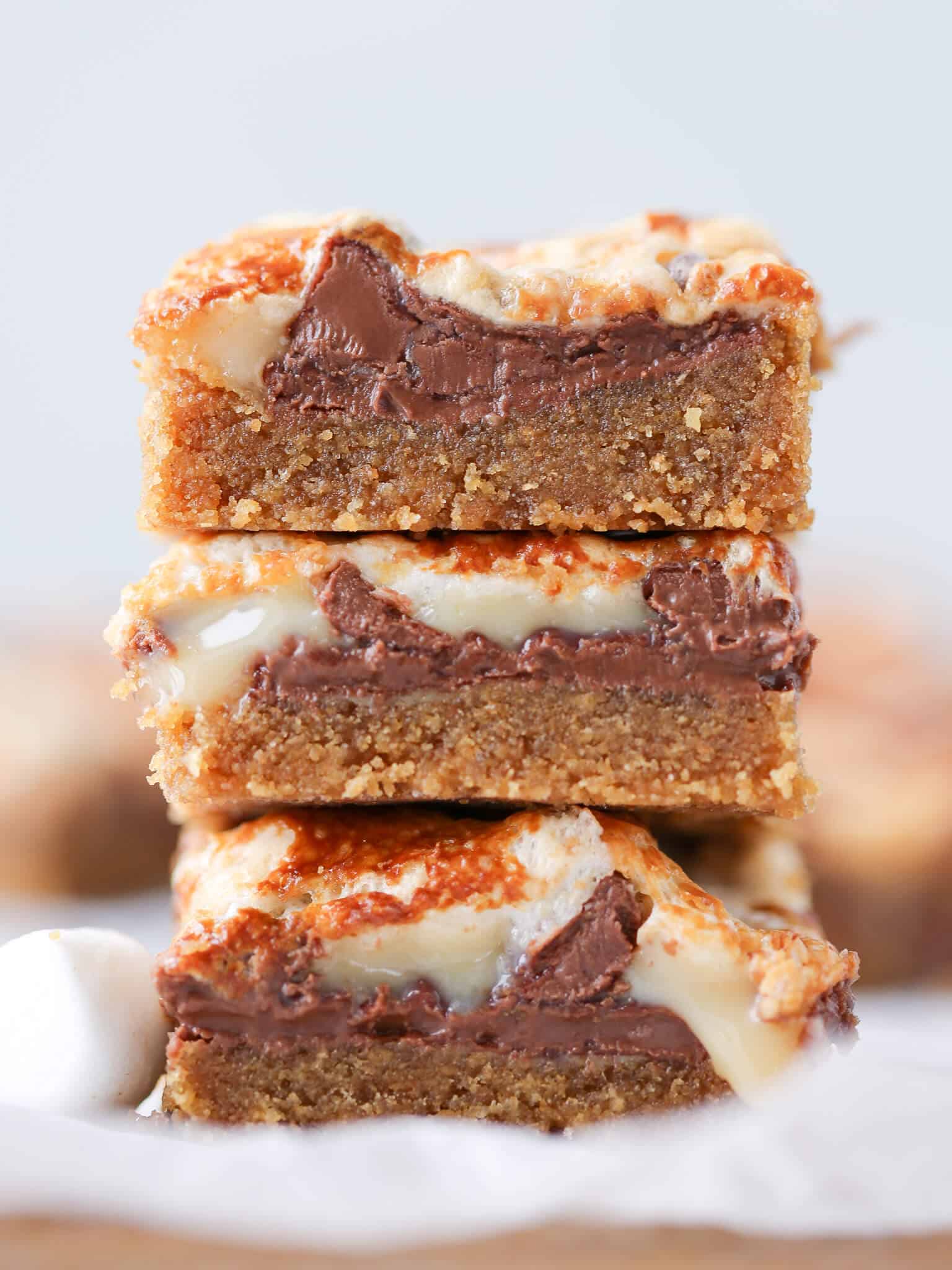 Ooey Gooey Smores Bars tall stack toasted marshmallow