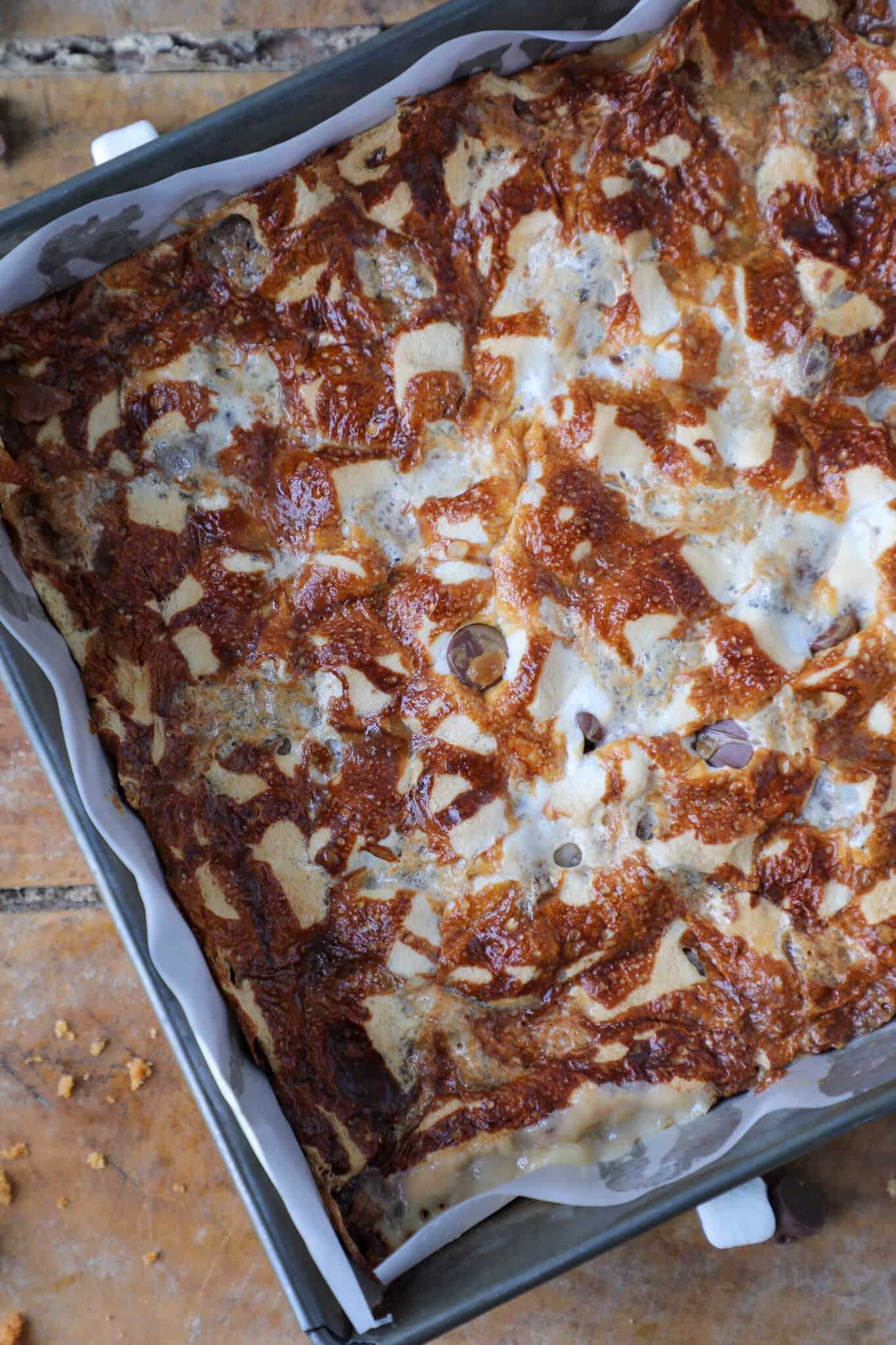 Ooey Gooey Smores Bars uncut in baking dish