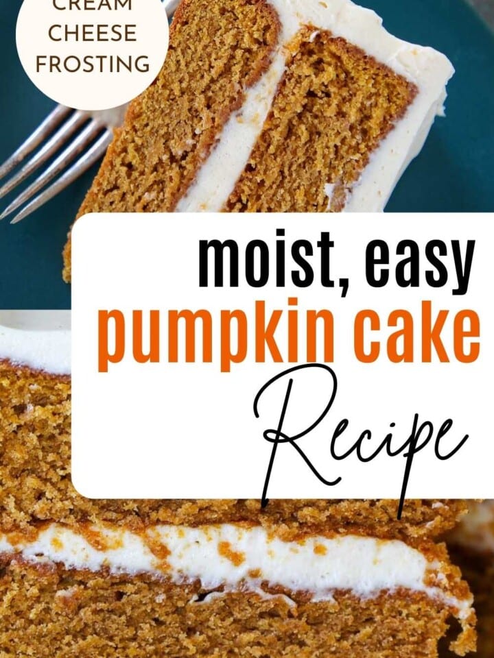 two photos pumpkin layer cake with cream cheese frosting with text overlay.