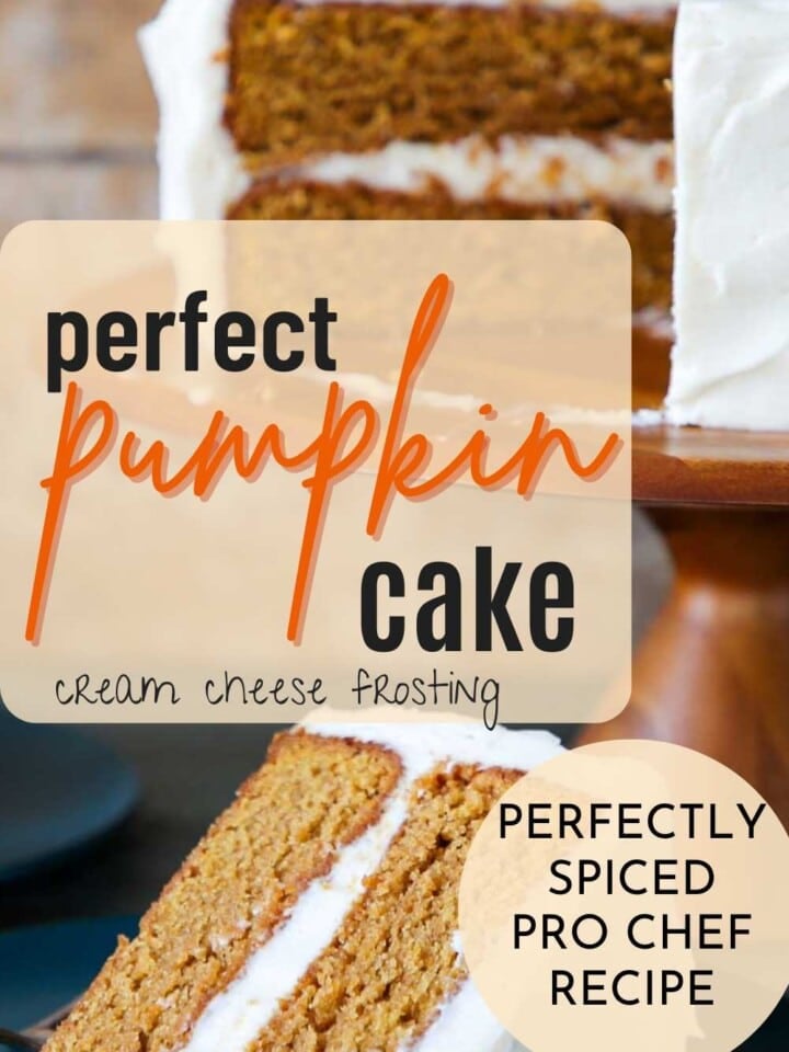 pumpkin cake with cream cheese frosting sliced with text overlay.