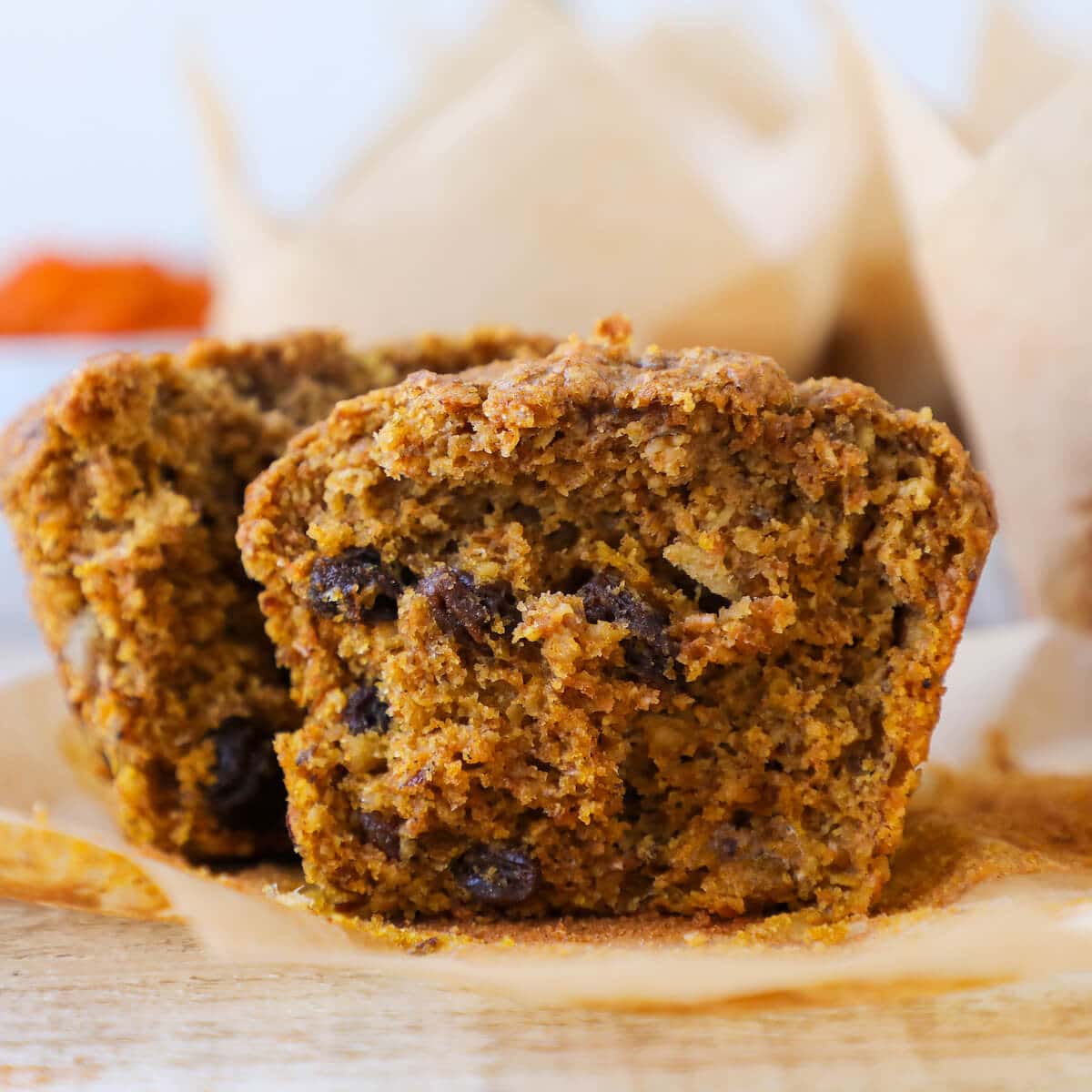 Pumpkin Spice Bran Muffins sliced interior texture