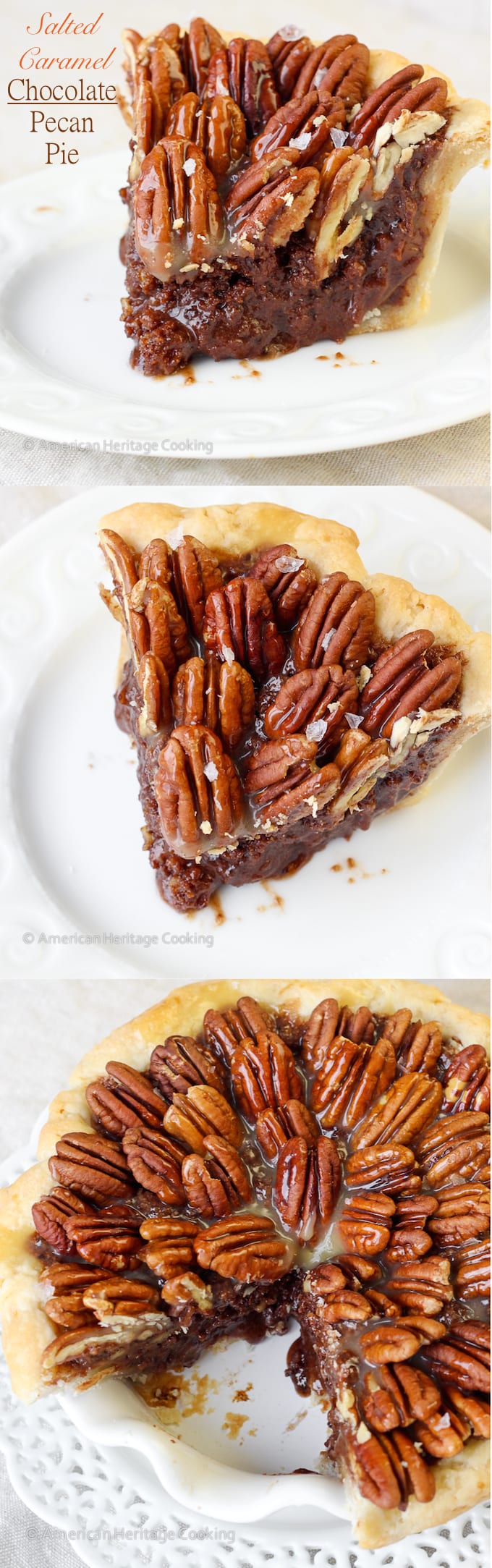 Three slices of chocolate pecan pie in mini white pie dishes. 