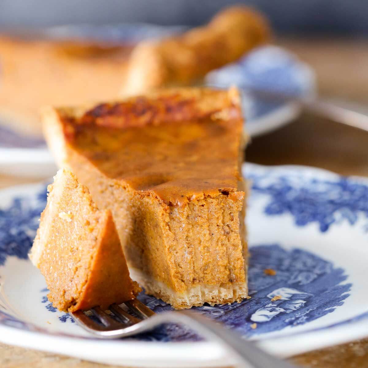 pumpkin pie bite on fork.