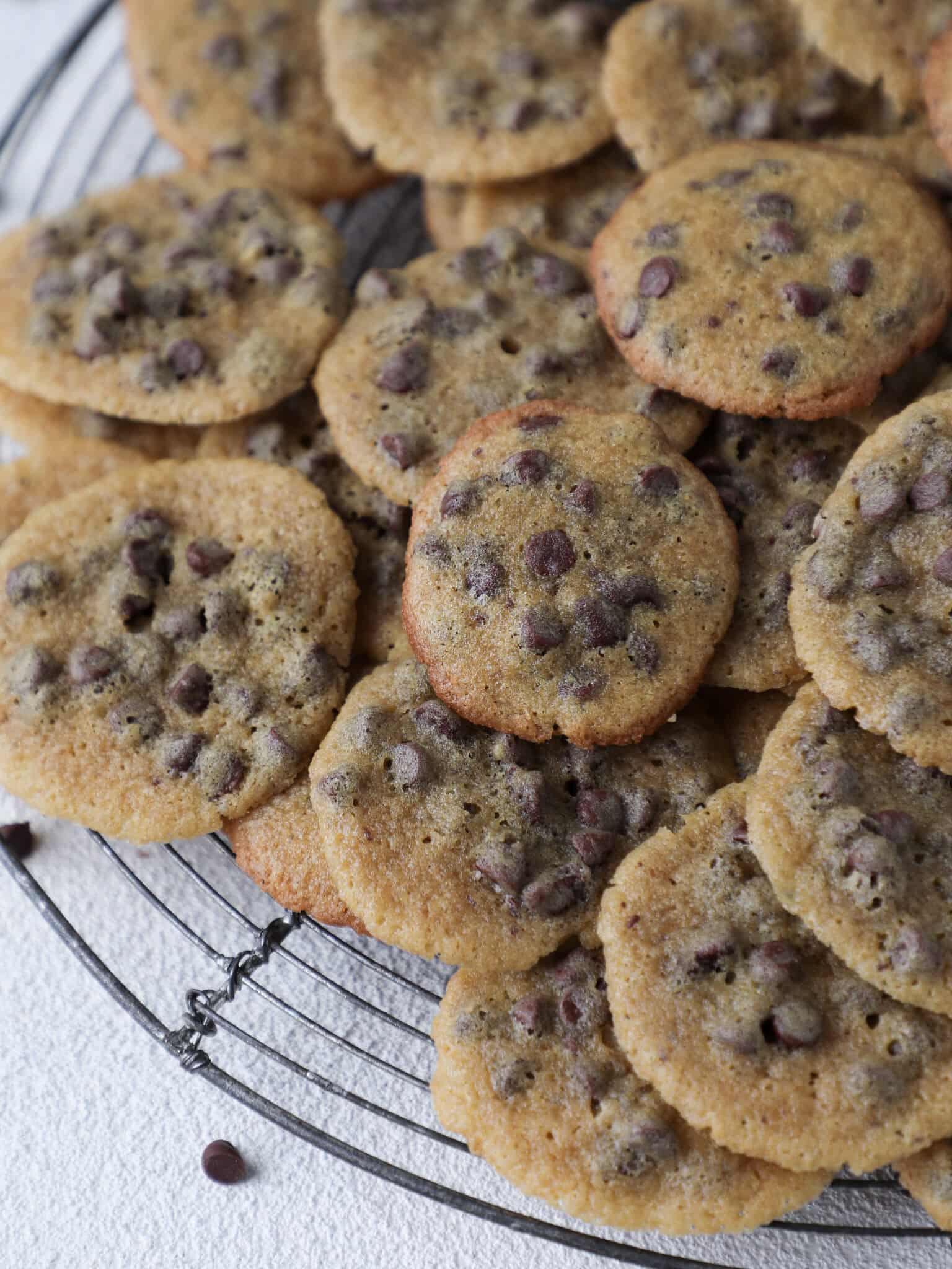 Mini Chocolate Chip Cookies Close on vintage cooling rack