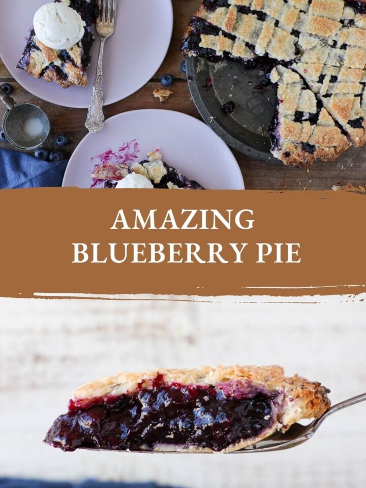 blueberry pie slice and plated photos with text.