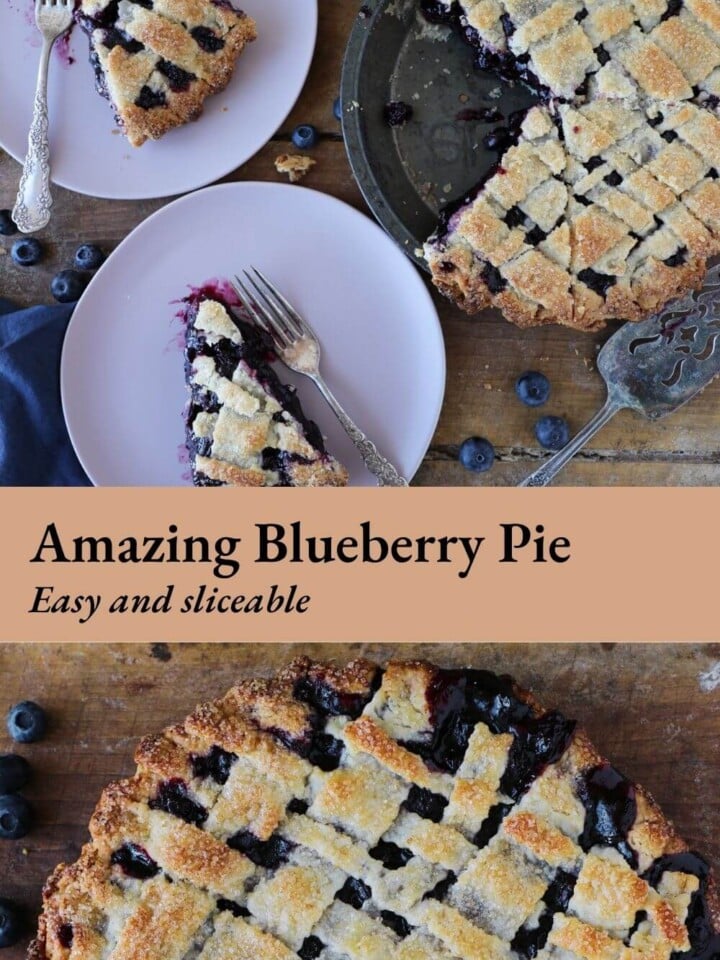 whole latticed blueberry pie slice and plated photos with text.