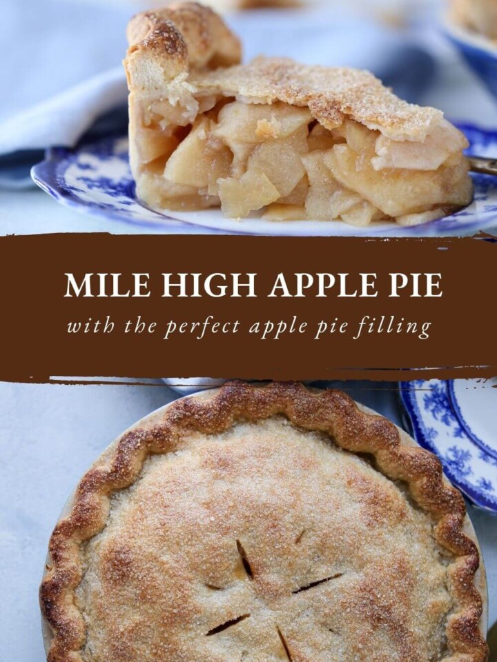 whole pie and slicee of apple pie photo collage with lots of apples.