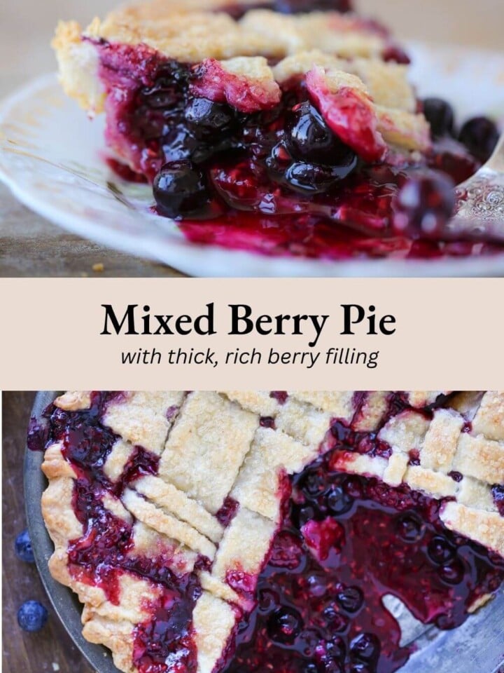 mixed berry pie sliced on plate and sliced pie collage.