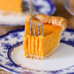 Mary Randolph's Sweet Potato Pie one slice with fork close up
