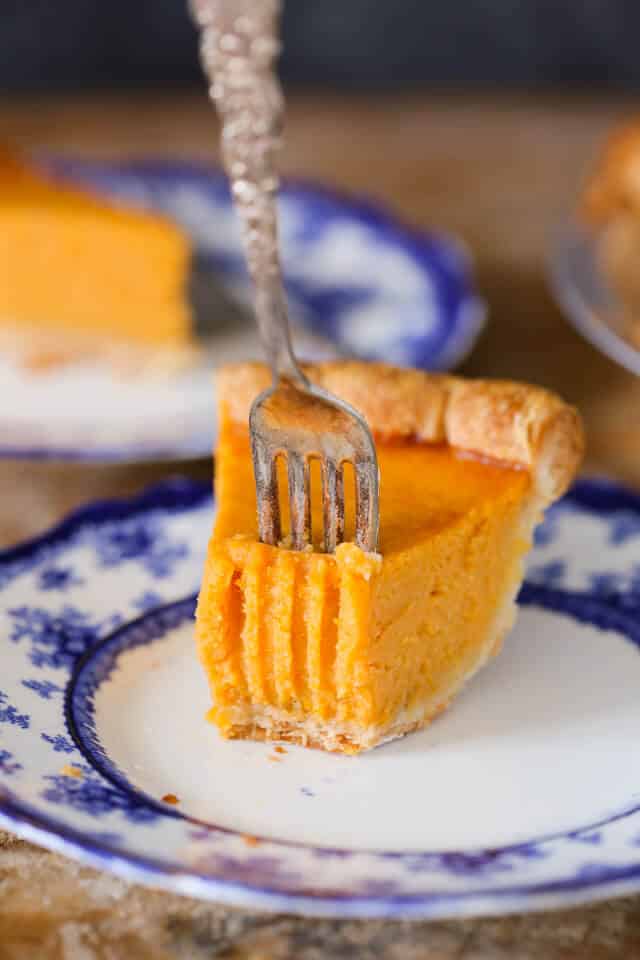 Mary Randolph's Sweet Potato Pie one slice with fork