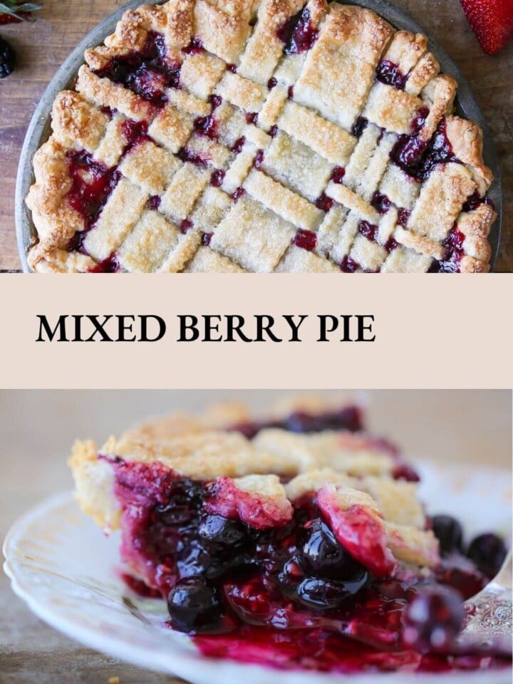 mixed berry pie sliced on plate and whole pie with text.
