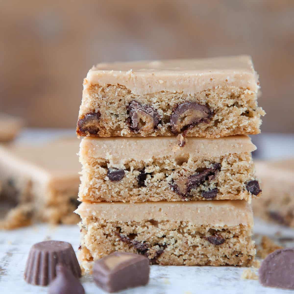 Reeses Peanut Butter Blondies sliced stacked