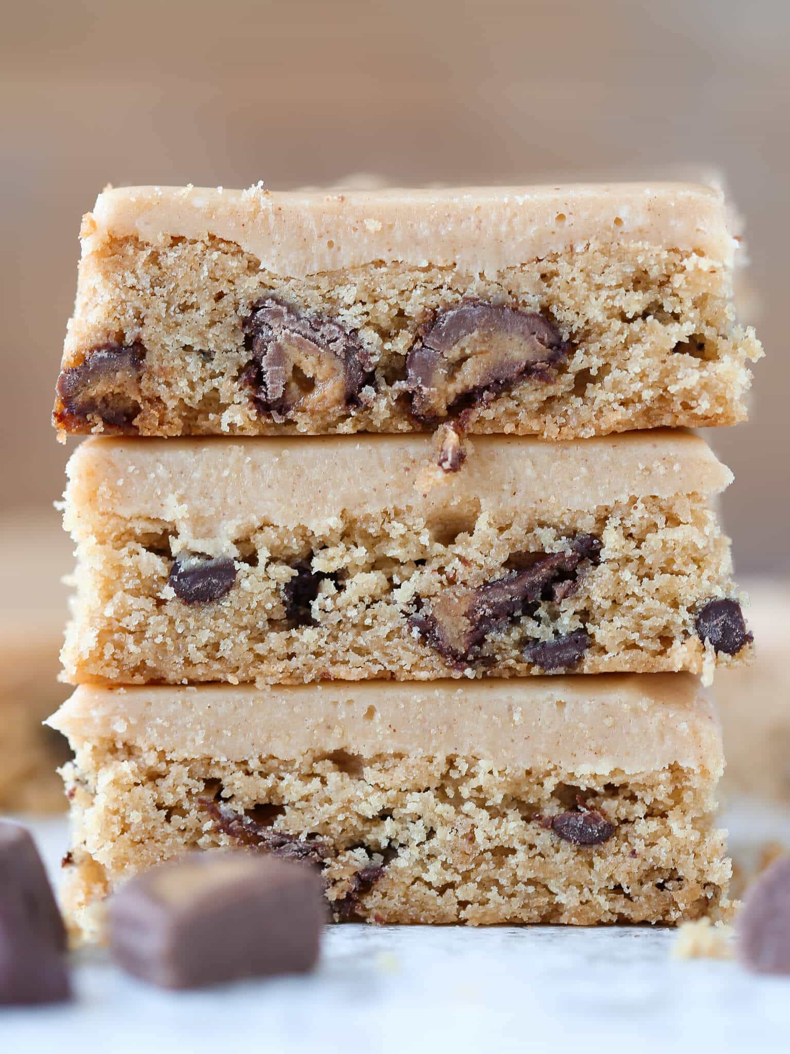 Reeses Peanut Butter Blondies tall stack peanut butter frosting