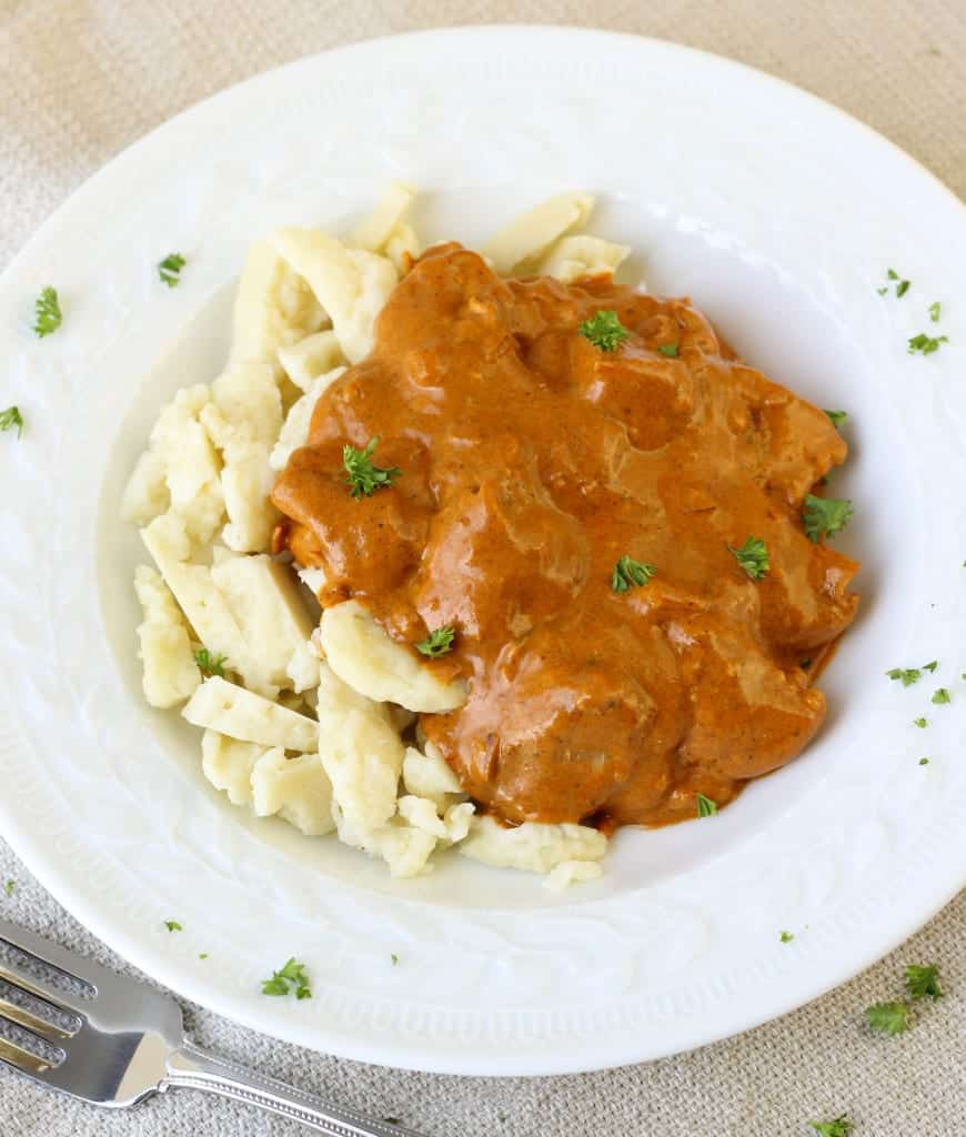 Traditional Hungarian Chicken Paprikas and Homemade Spaetzle