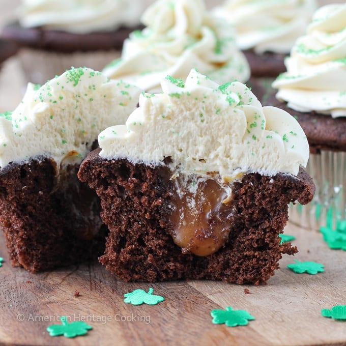 This Chocolate Guinness Cupcakes have a chocolate Guinness cake filled with salted caramel and topped with a Bailey's Irish Cream Buttercream!