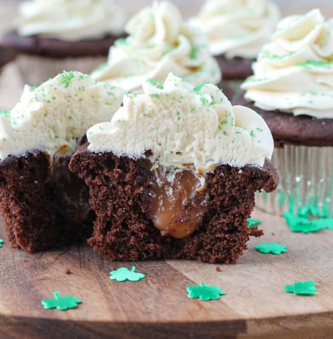 Guinness Chocolate Cupcakes with Bailey's Buttercream and Salted Caramel Filling