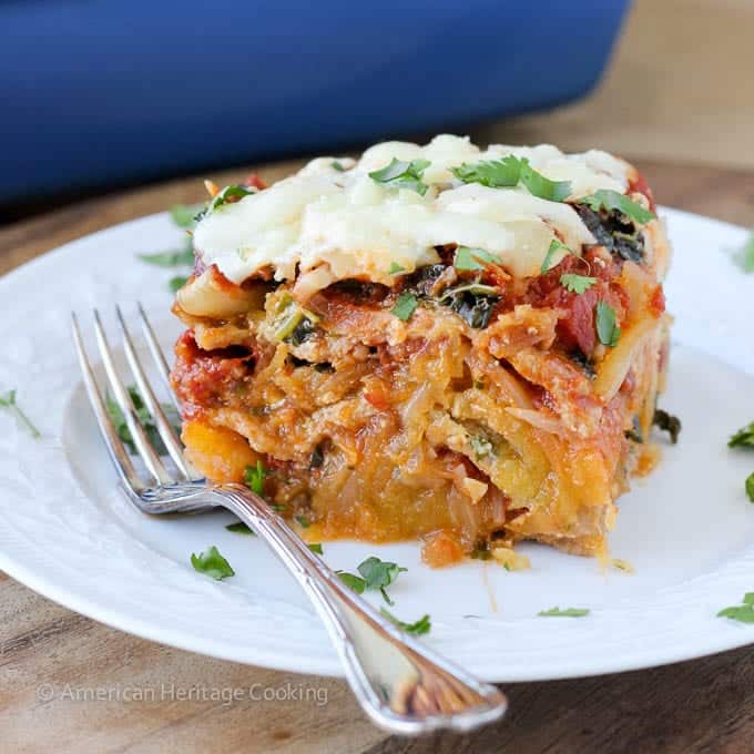 Spaghetti squash lasagna with silver fork.