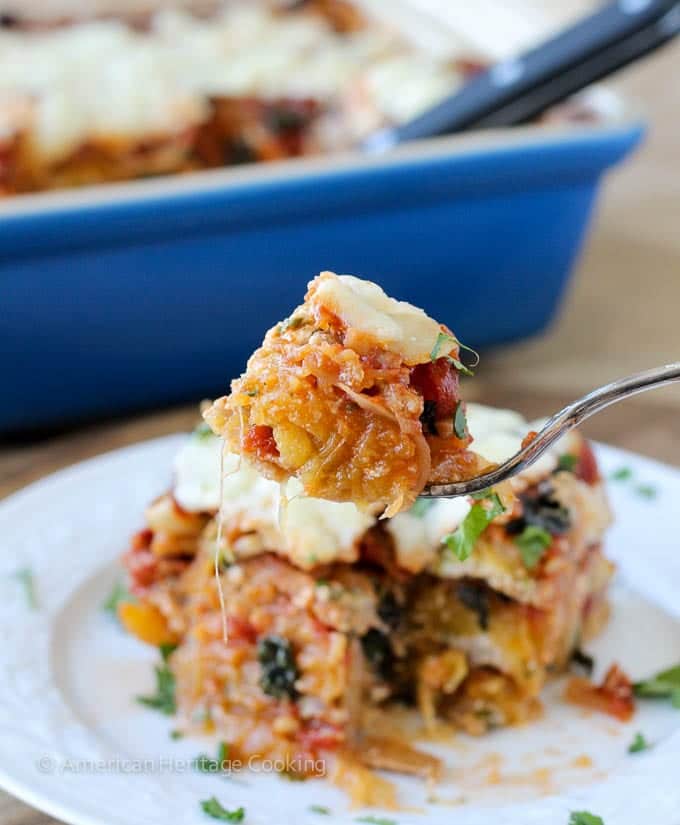 Spaghetti squash lasagna served on white plate.