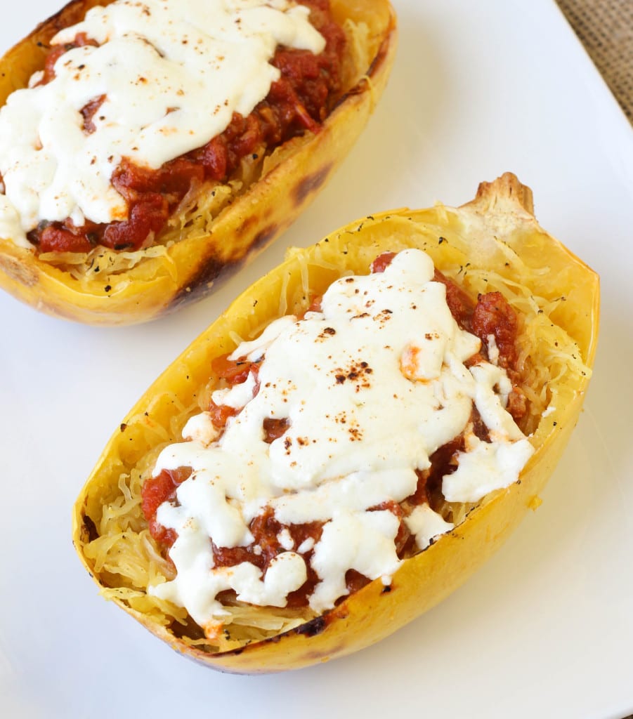 Twice Baked Spaghetti Squash with Turkey Sausage Meat Sauce