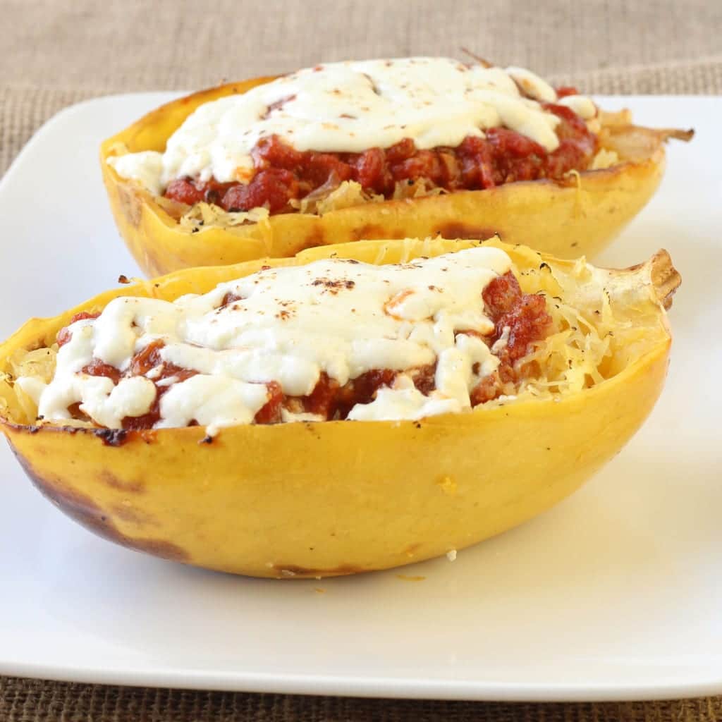 Twice Baked Spaghetti Squash with Turkey Sausage Meat Sauce